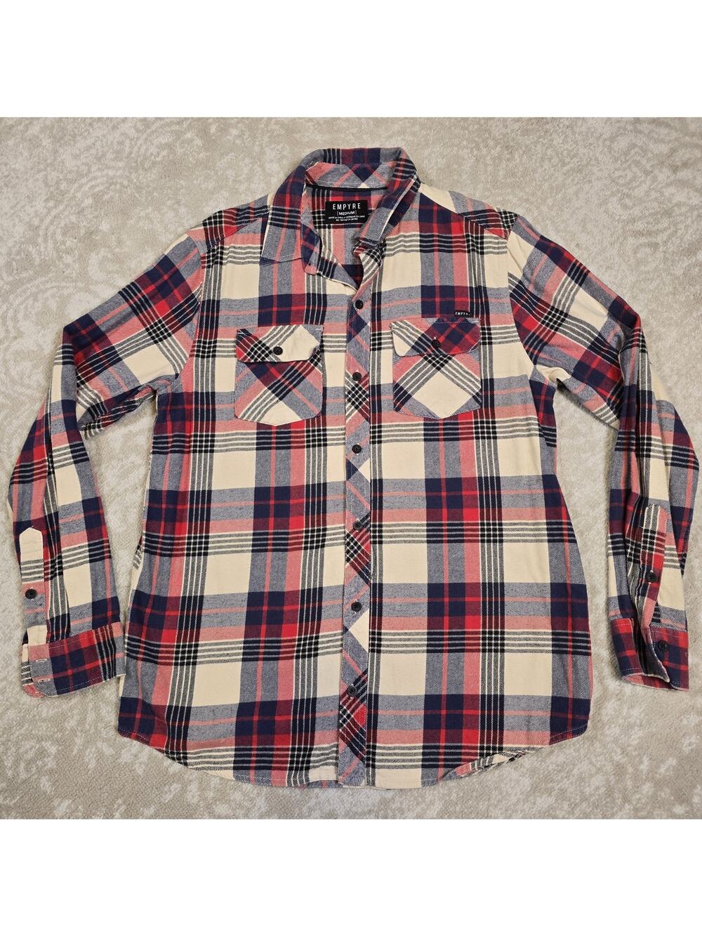 Empyre flannel shirt in a red, white, and navy blue plaid pattern - Men' Medium